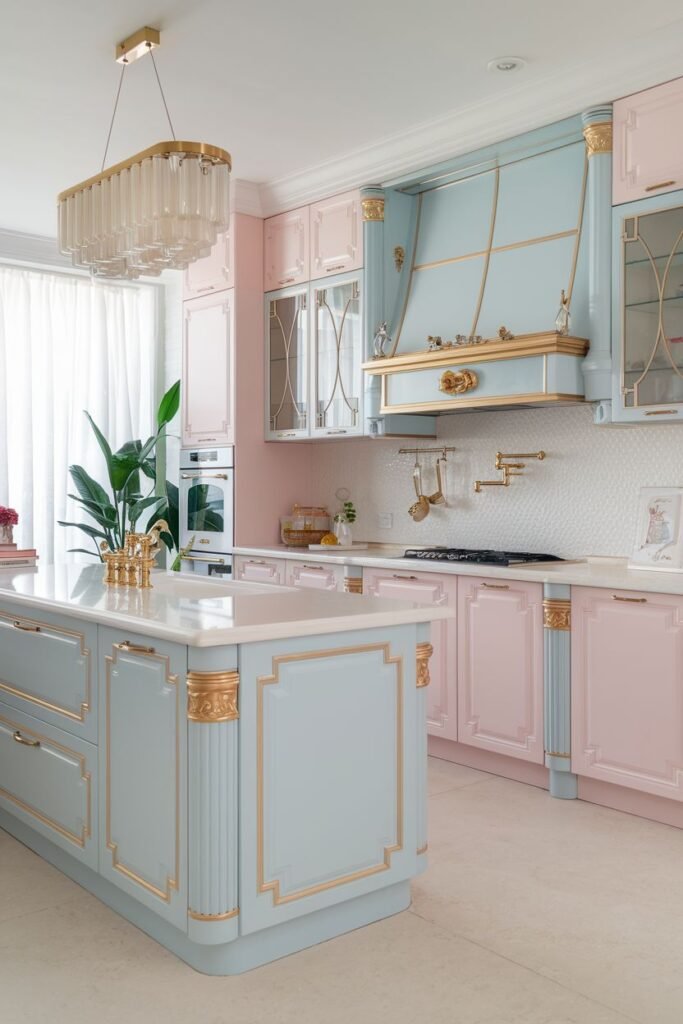 Luxurious pastel kitchen combining light pink and light blue cabinets with elaborate gold embellishments. A large light blue kitchen island with decorative fluting and gold accents takes center stage.