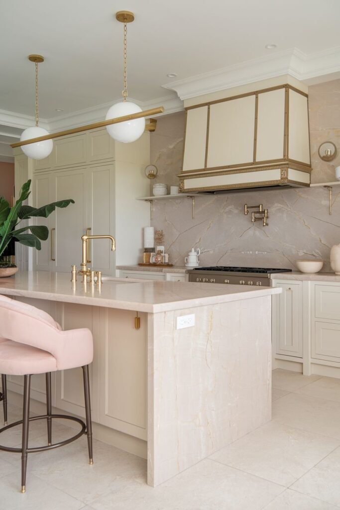 Calm pastel kitchen featuring light beige cabinets and a pink kitchen island with a creamy marble countertop. A large marble slab serves as the backsplash, and gold fixtures are used throughout.