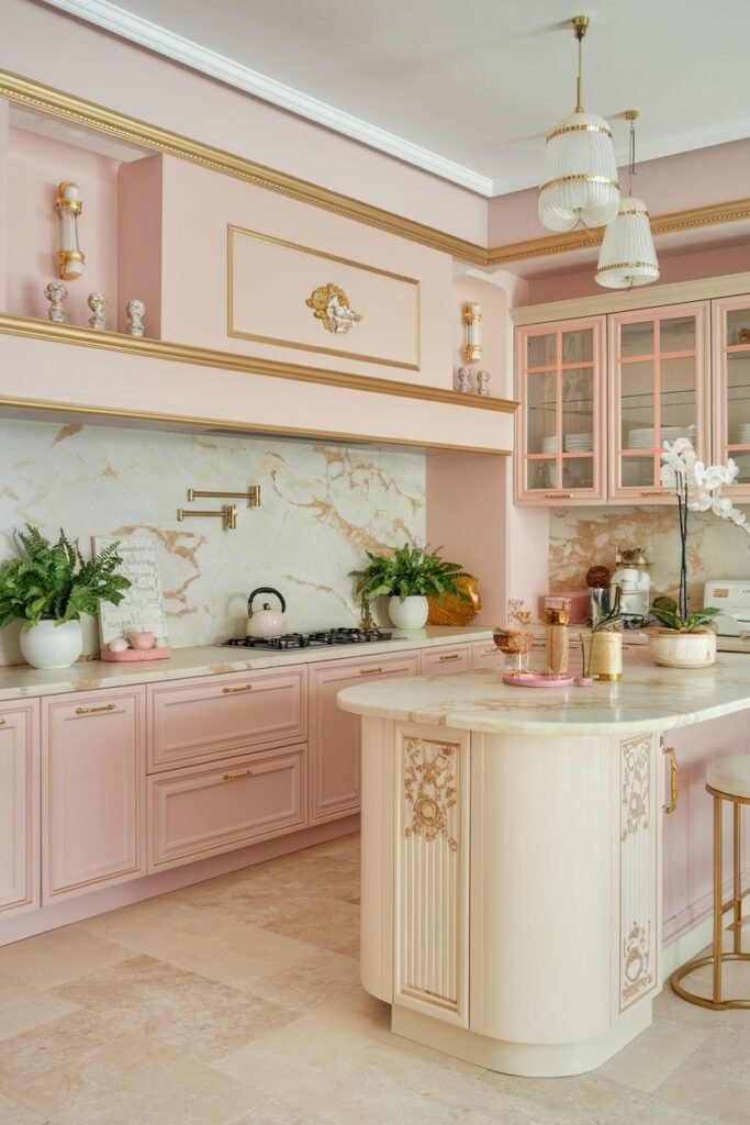 Romantic pastel kitchen with light pink cabinets and a light-colored curved kitchen island featuring decorative gold details. The backsplash is marble, and the space includes ornate gold wall decorations.