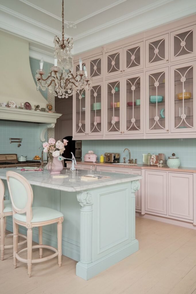 Detailed pastel kitchen combining light pink cabinets with decorative glass fronts and light blue base cabinets. A light blue kitchen island with a marble top and carved details is prominent, with a light blue tile backsplash.