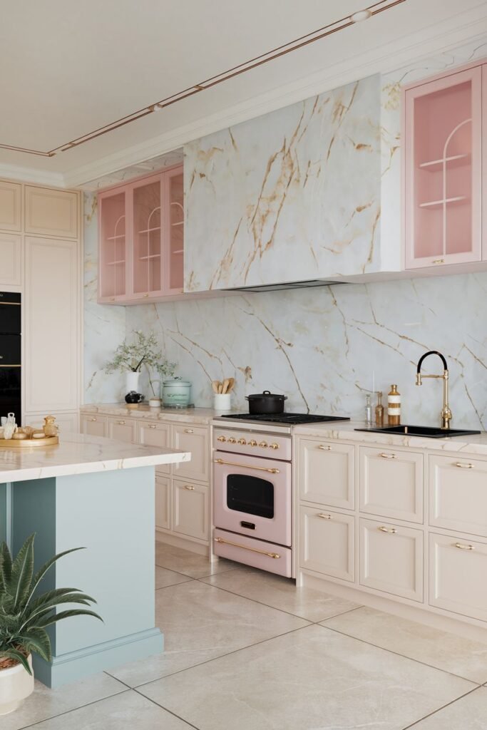 Neutral and pastel kitchen with light-colored base cabinets, pink upper cabinets, and a light blue kitchen island. A large slab of marble forms the backsplash behind the pink range.
