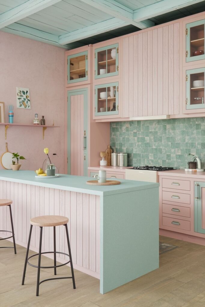 Cottage-style pastel kitchen with light pink paneled cabinets and a light green kitchen island and countertop. The backsplash features green square tiles, and the ceiling is painted light blue.