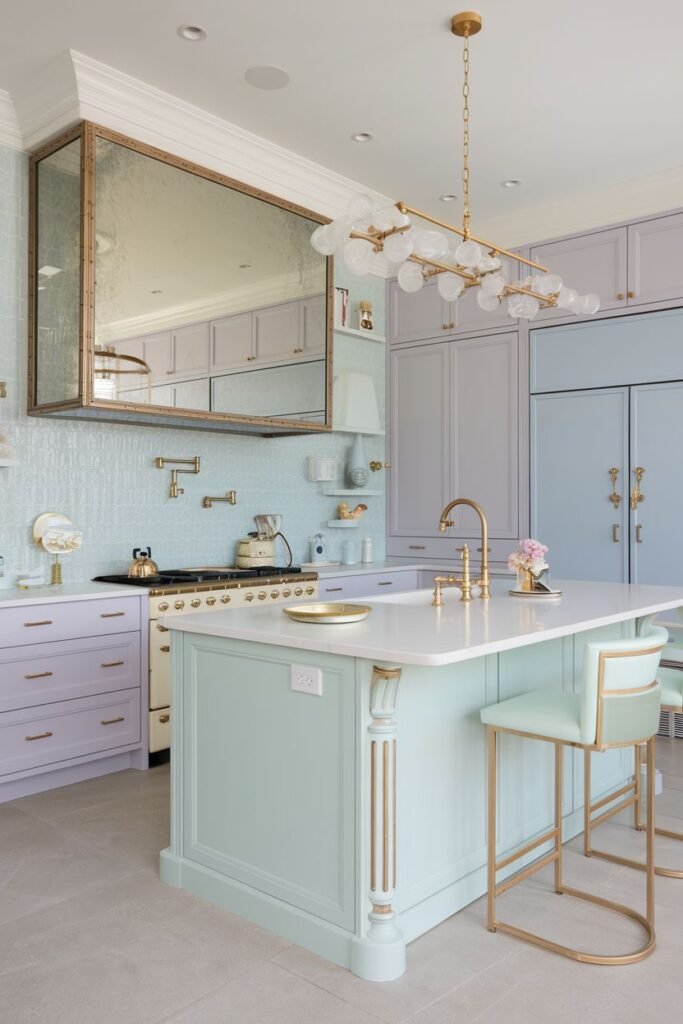 Unique pastel kitchen featuring light purple and light blue cabinets, a light blue kitchen island with a marble top, and a large mirrored panel above the range. A modern multi-light fixture illuminates the space.