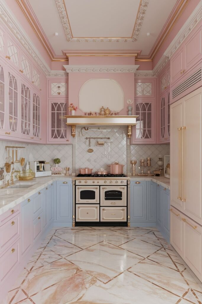 Highly decorative pastel kitchen with pink and light blue cabinets featuring intricate trim and details. Gold accents are prevalent, and the floor is patterned marble tile.