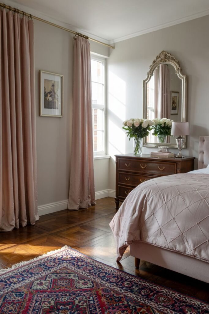 A classic pink and grey bedroom featuring a pink quilted bedspread, long pink curtains, a gold-framed mirror, a rich wood chest of drawers, and a patterned rug on wood floors.