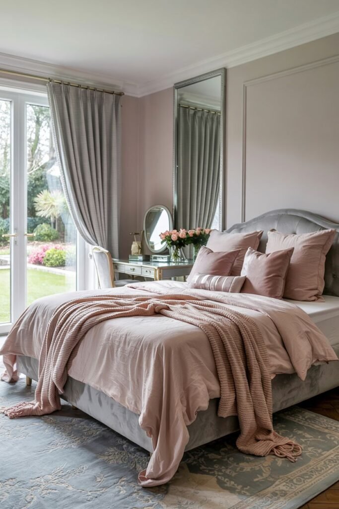 A grey and pink bedroom with patio doors, floor-length curtains, a bed dressed in a grey duvet cover with a chunky pink knitted throw and pink pillows, and a grey rug.