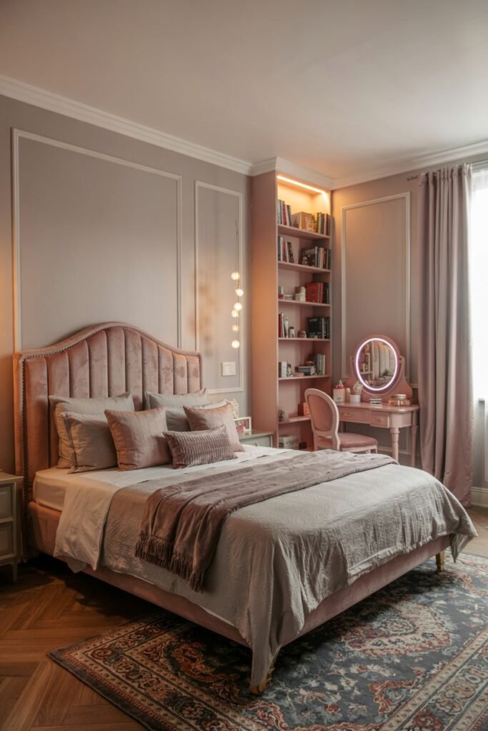 A pink and grey bedroom with a pink upholstered bed, a built-in bookshelf, a dressing table with a pink chair, and a bed dressed in grey bedding with pink pillows and a throw.