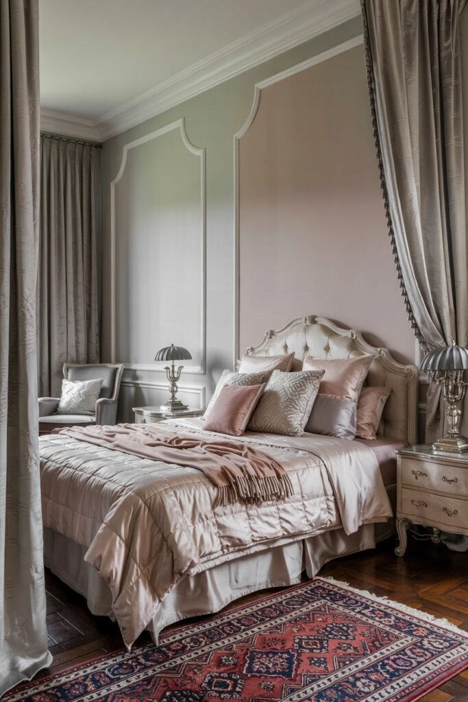 A classic pink and grey bedroom with tall curtains in a grey tone, a classic style bed with a decorative headboard, a pink quilted bedspread, and a mix of pink and patterned pillows.