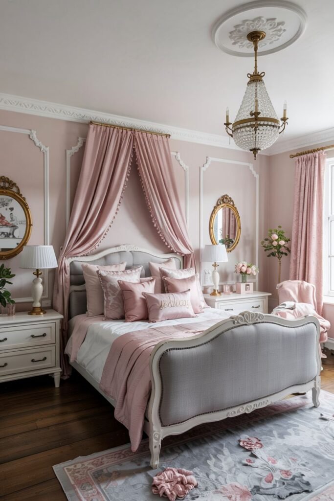 A romantic pink and grey bedroom with a pink fabric canopy, a crystal chandelier, soft pink walls, a classic style bed with a grey upholstered headboard, and pink bedding.