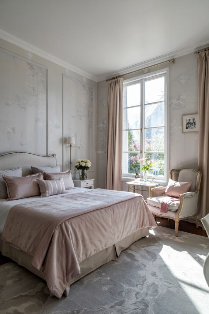 A subtle pink and grey bedroom with soft, neutral walls, simple curtains framing a view, a bed with a neutral upholstered headboard, and a soft pink velvet bedspread on a patterned rug.