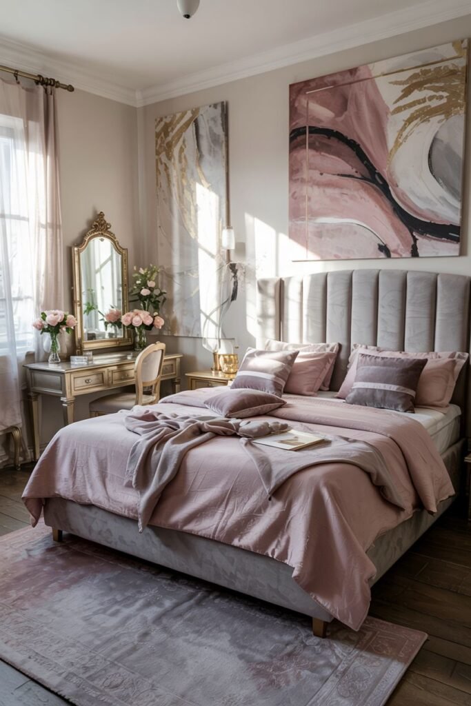 A pink and grey bedroom featuring large abstract art in pink, grey, and gold tones, a grey upholstered bed with a tall headboard, and a bed dressed in a mix of pink and grey bedding.