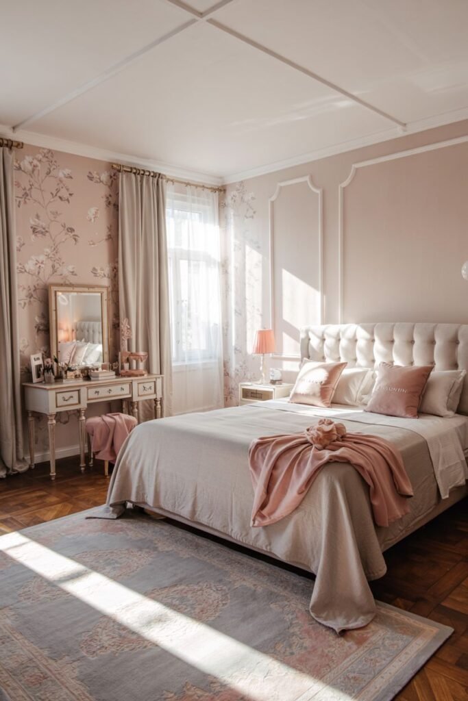 A pink and grey bedroom with floral wallpaper in soft pink and grey, soft pink walls, a bed dressed in neutral bedding and a pink quilted bedspread with pink and patterned pillows, and a vanity table.