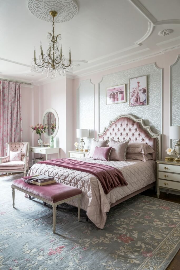 A glamorous pink and grey bedroom with a pink upholstered bed featuring a tall, tufted headboard, framed art with pink elements, a crystal chandelier, and a bed layered with pink bedding on a grey rug.