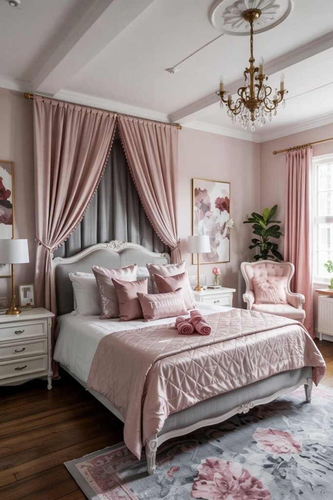 A pink and grey bedroom with draped pink and grey curtains, soft pink walls, a classic style bed with a grey upholstered headboard, and a bed dressed in pink bedding with pink and grey pillows.