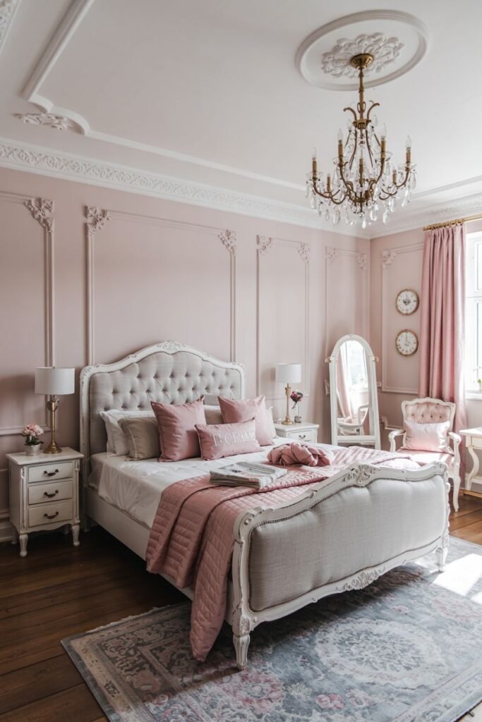 An elegant pink and grey bedroom with soft pink walls, a large grey upholstered bed, classical molding, a crystal chandelier, and white bedside tables.