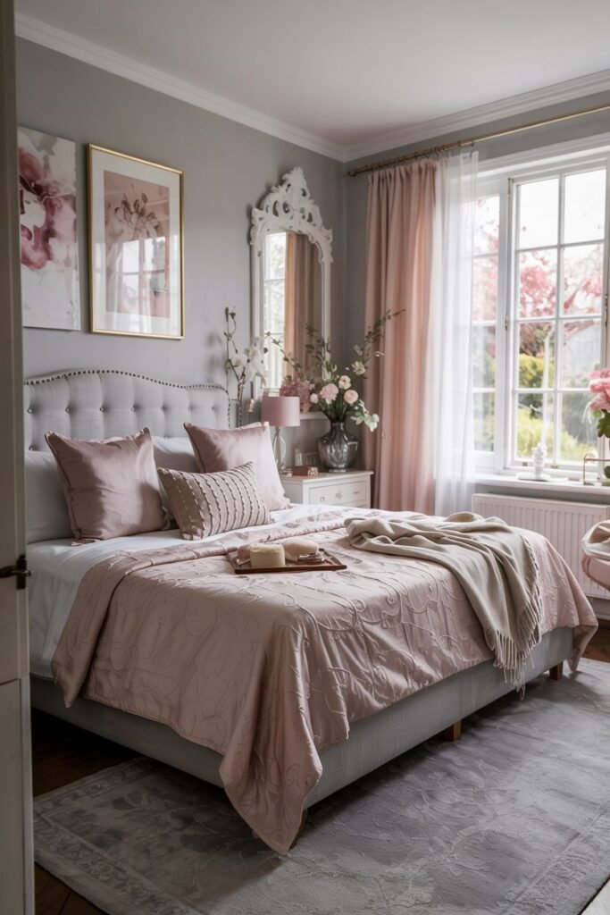A grey and pink bedroom with neutral grey walls, sheer or light pink curtains, a grey upholstered bed, and a bed dressed in a pink quilted bedspread and a mix of pink and neutral pillows.