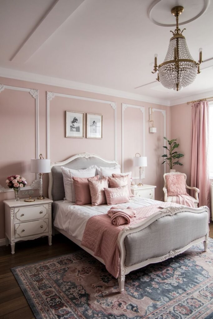 A classic pink and grey bedroom with soft pink walls, a classic style bed with a grey upholstered headboard, pink bedding and pillows, a crystal chandelier, and white bedside tables.