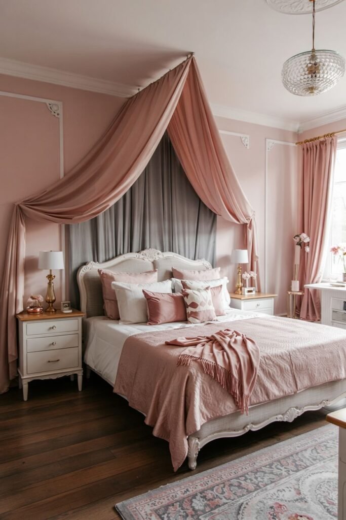 A pink and grey canopy bedroom featuring draped pink and grey sheer fabric over the bed, soft pink walls, a white bedspread with a pink quilted layer, and white bedside tables.