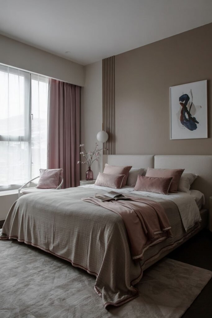 A contemporary pink and grey bedroom with neutral walls, vertical wood accents, pink curtains, a simple bed with a neutral headboard, and grey bedding layered with pink pillows.