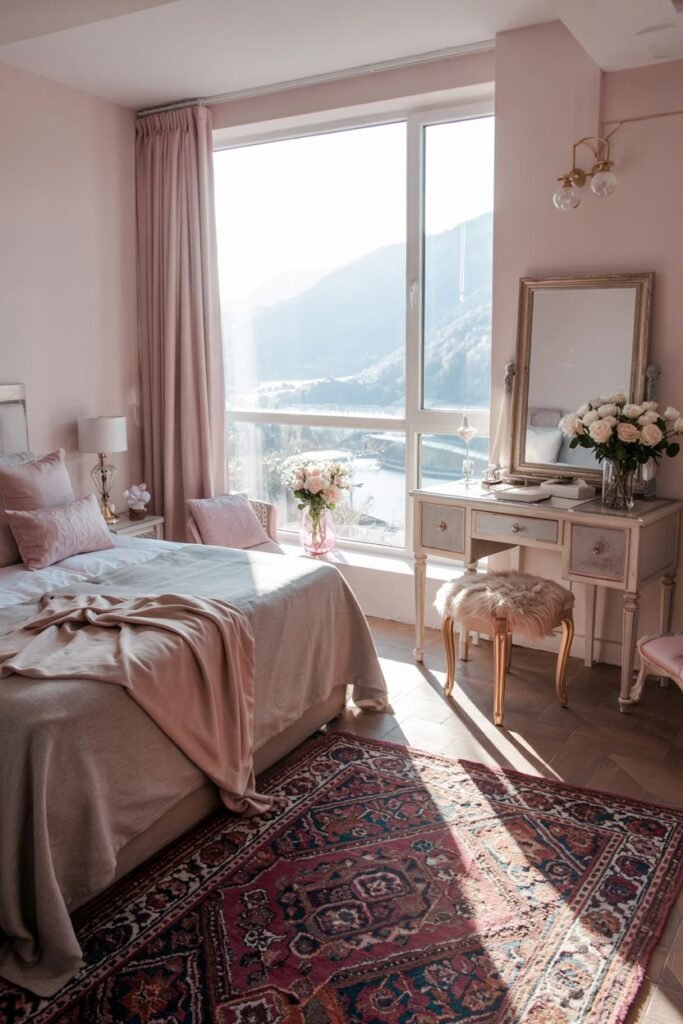 A pink and grey bedroom with soft pink walls, a large window with pink curtains, a vanity table near the window, and a bed dressed in light-colored bedding with a pink throw on a patterned rug.