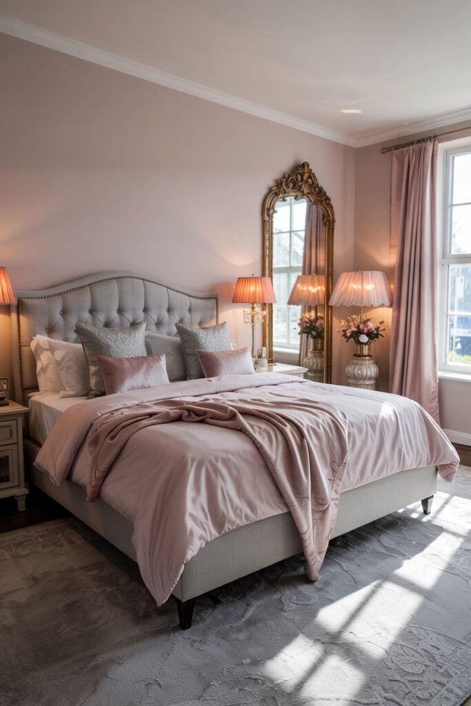A warm pink and grey bedroom with soft pink walls, a grey upholstered bed, pink bedding and layers of pink and grey pillows, and warm ambient lighting.