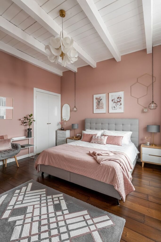 A modern pink and grey bedroom with soft pink walls, a grey upholstered bed, grey bedding with pink pillows and a throw, and a grey rug with a geometric pattern.