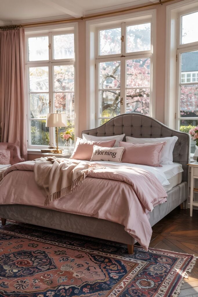 A soft pink and grey bedroom with large windows, floor-length pink curtains, a grey upholstered bed, and a bed dressed in pink and grey with multiple pink pillows.