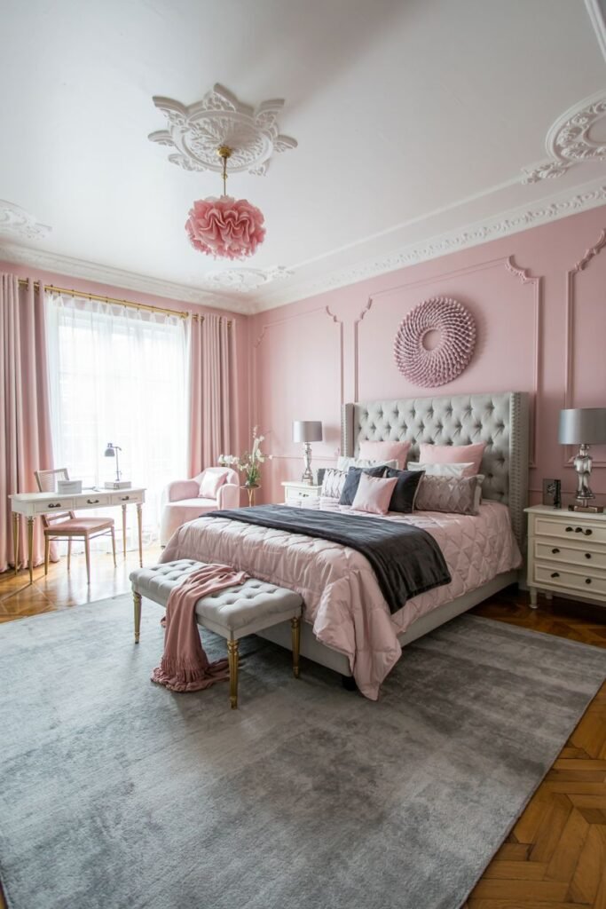 A modern pink and grey bedroom featuring soft pink walls, a grey upholstered bed with a tall headboard, a plush grey rug, and pink and grey bedding with a pink quilted bedspread.