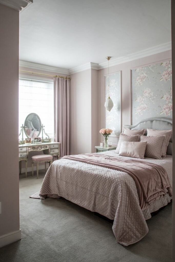 A subtle pink and grey bedroom with soft pink walls, a light grey carpet, a bed dressed in a pink quilted bedspread and pink pillows, and a dressing table near a window.