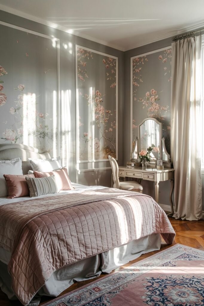 A pink and grey bedroom featuring floral wallpaper with pink flowers on grey walls, a pink quilted bedspread, pink and striped pillows, and a vanity table on a wooden floor with a patterned rug.