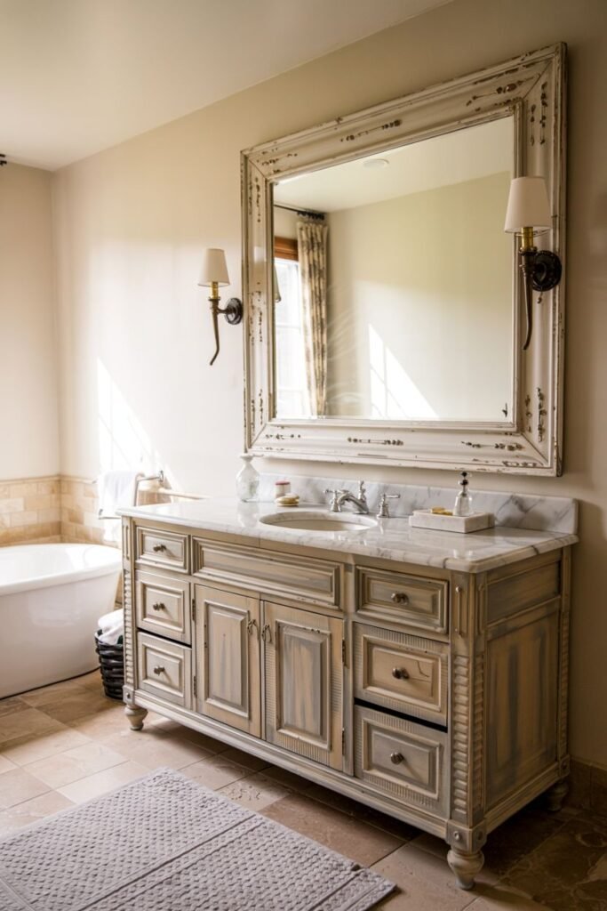 A distressed white vanity with drawers and doors, a large framed mirror, and wall-mounted lights, in a bathroom with a white bathtub.