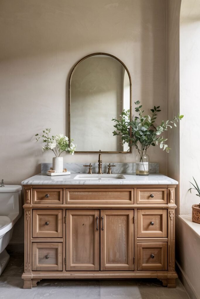 A light wood vanity with drawers and doors, a single sink on a marble countertop, and a curved top framed mirror with wall sconces, in a bathroom with a neutral coloured wall.