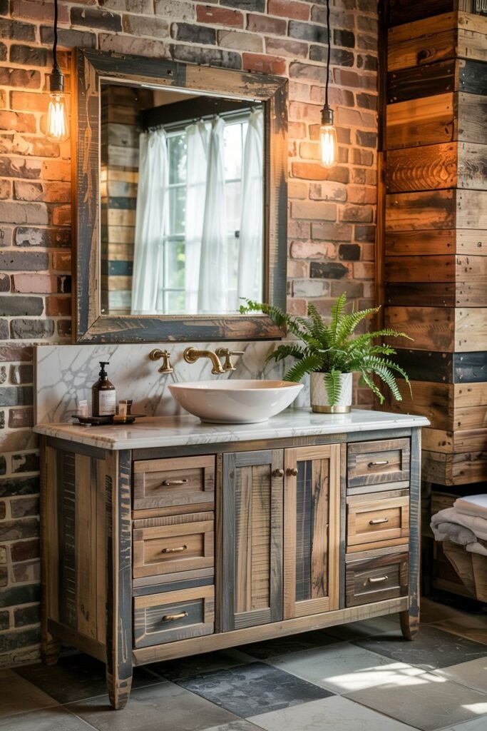 A rustic wooden vanity with distressed colourful planks and drawers, a vessel sink on a marble countertop, and a large framed mirror with exposed bulb lights, against a brick wall and reclaimed wood wall.