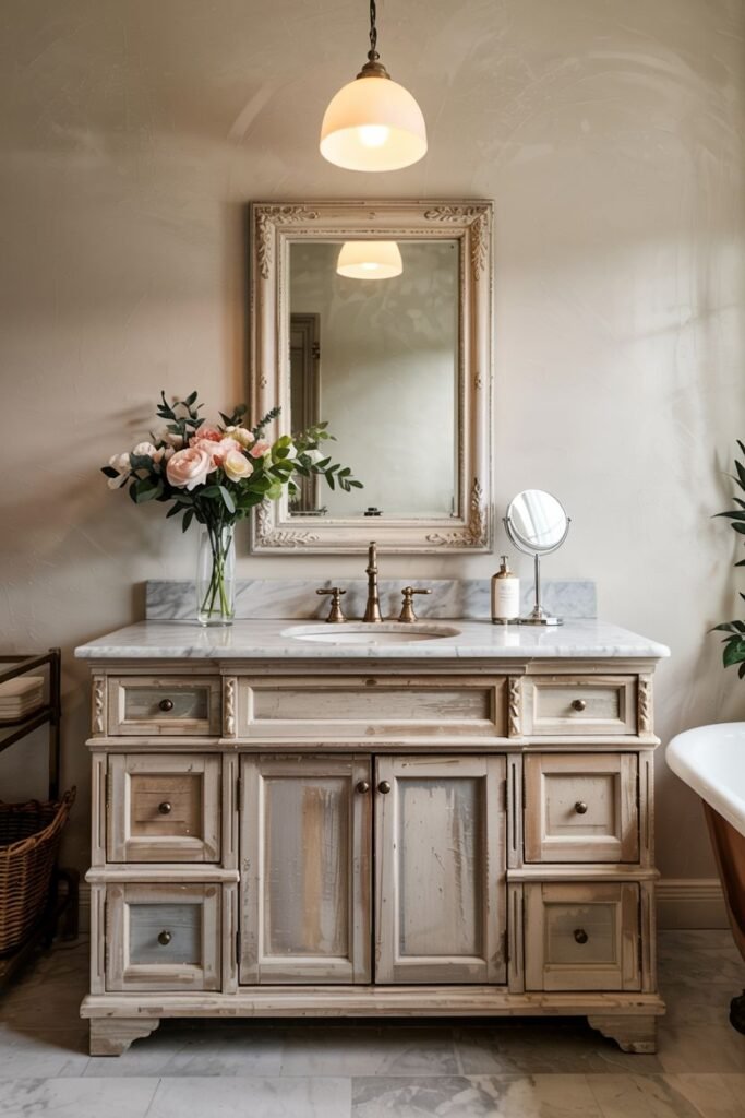A distressed white and grey vanity with drawers and doors, a single sink on a marble countertop, and an ornate framed mirror with a pendant light, in a bathroom with a patterned floor.
