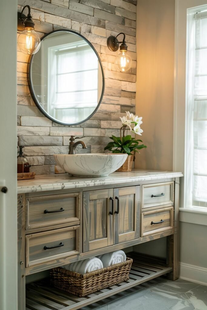 A distressed grey wood vanity with drawers and open lower shelving, a vessel sink on a marble countertop, and a round framed mirror with wall sconces, against a stone accent wall.