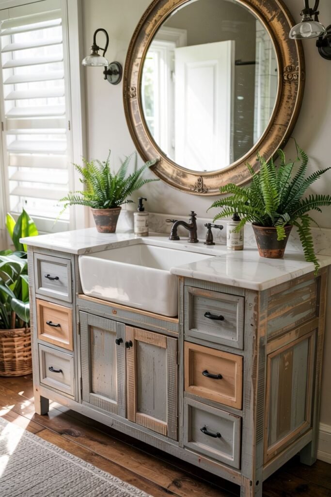 A distressed grey and wood vanity with drawers and doors, a farmhouse sink on a marble countertop, and a large round framed mirror with wall sconces, in a room with hardwood floors and a window with shutters.