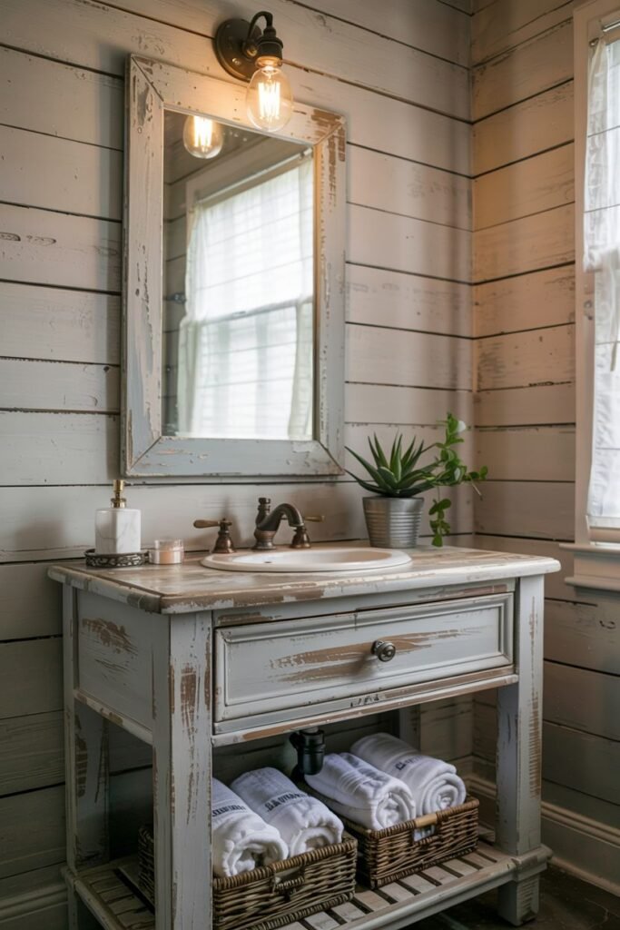 A small distressed grey vanity with a drawer and open lower shelving, a single sink, and a distressed framed mirror with a wall sconce, in a bathroom with horizontal wooden plank walls.