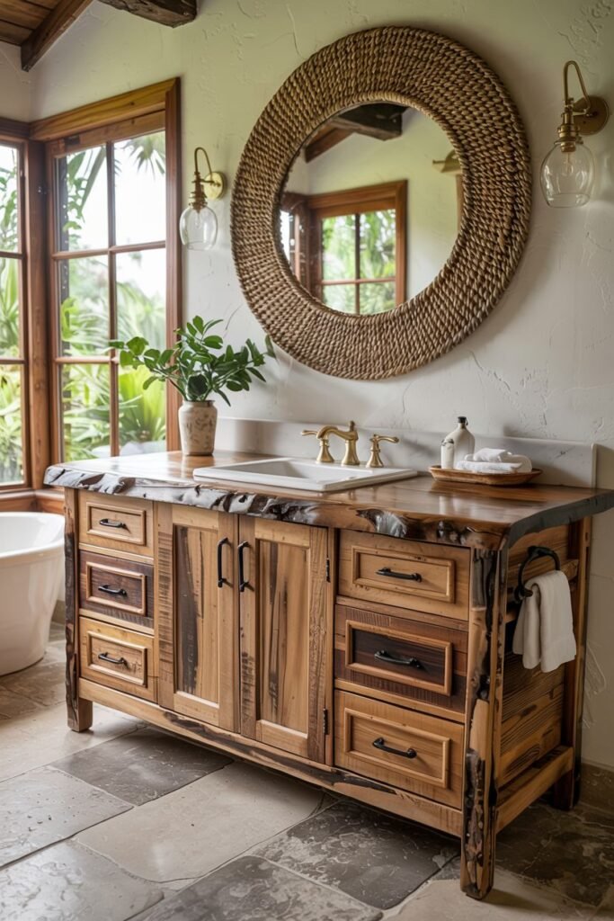 A rustic wood vanity with live-edge details, drawers and doors, a single sink on a marble countertop, and a large round woven mirror with wall sconces, in a bathroom with large windows.