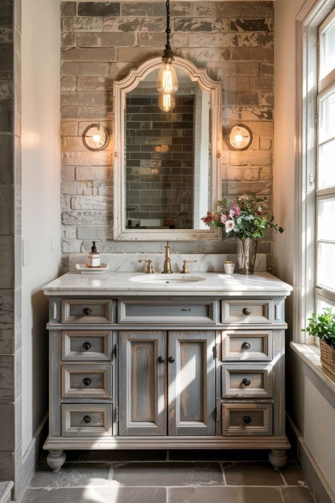 A distressed grey vanity with drawers and doors, a single sink on a marble countertop, and an ornate framed mirror with wall sconces, in a bathroom with a brick accent wall.