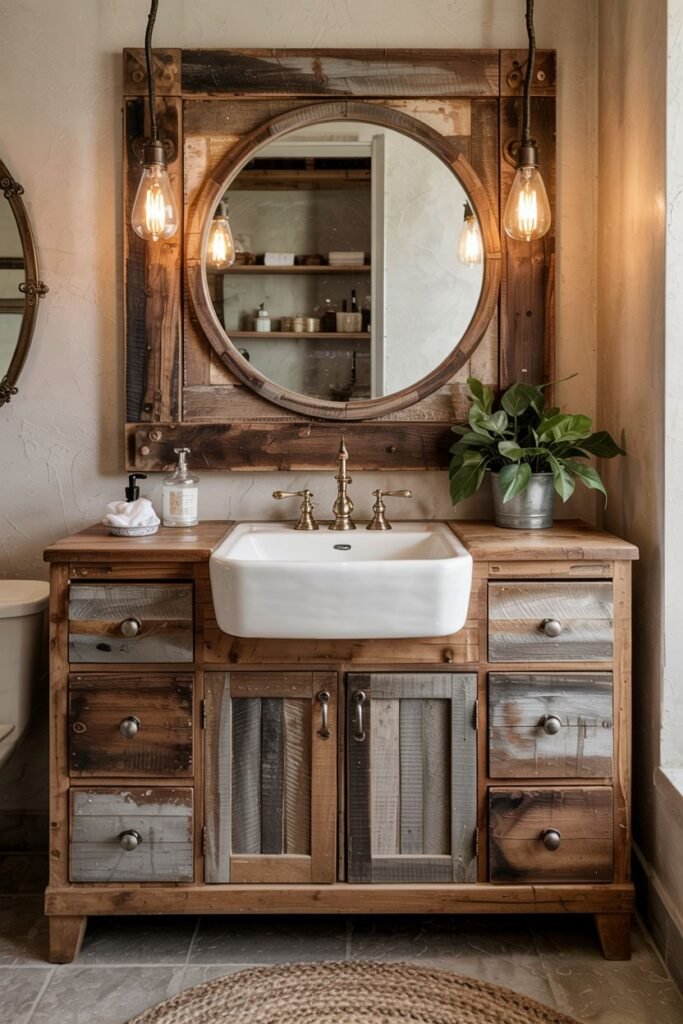 A rustic wooden vanity with distressed colourful planks, drawers and doors, a farmhouse sink, and a round mirror framed by rustic wood with exposed bulb lights, in a bathroom.