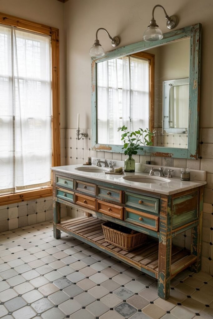 A colourful, distressed wooden double vanity with multiple drawers and open shelving, two sinks, and a large distressed turquoise mirror with wall sconces, in a bathroom with tiled floors and windows.