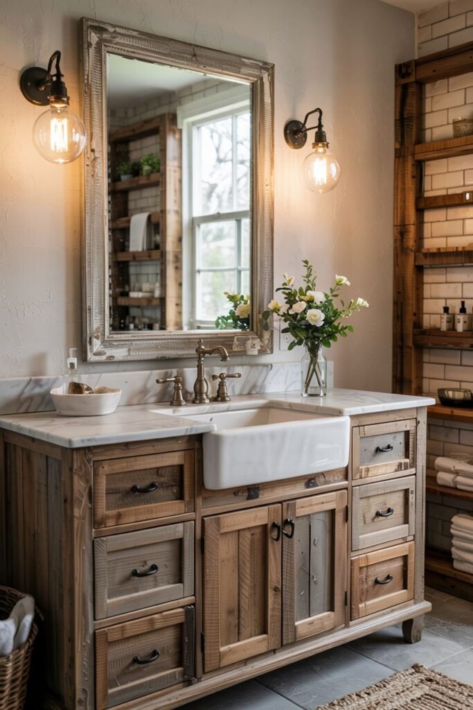 A rustic wood vanity with distressed planks, drawers and doors, a farmhouse sink, and a distressed framed mirror with wall sconces, in a bathroom with subway tile and wood shelving.