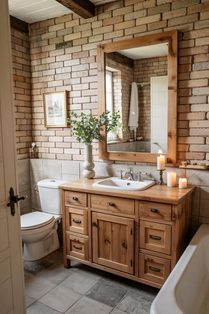 A natural wood vanity with drawers and doors, a single sink on a white countertop, and a framed mirror, in a bathroom with brick walls.
