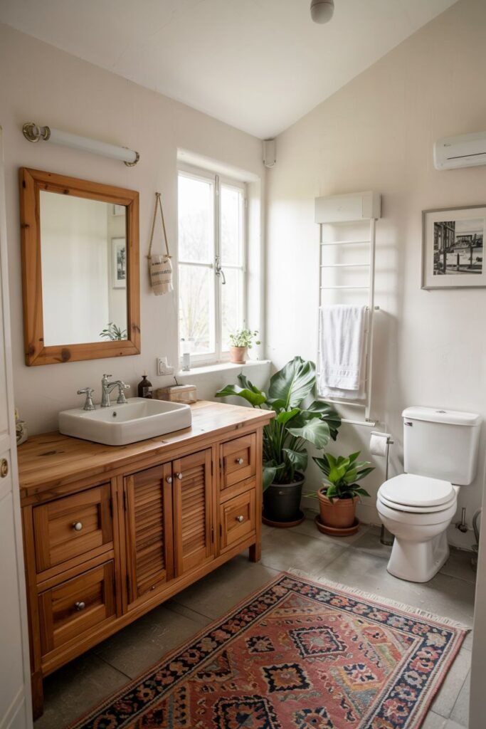 A natural wood vanity with drawers and doors, a vessel sink on a wooden countertop, and a framed mirror, in a brightly lit bathroom with large plants.