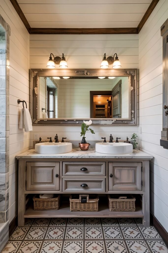 A grey wood double vanity with drawers and open lower shelving, two vessel sinks on a marble countertop, and a distressed framed mirror with wall sconces, in a bathroom with patterned floor tiles and shiplap walls.