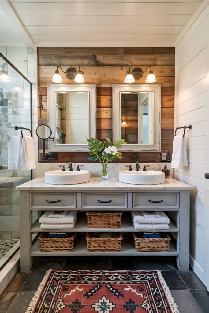 A grey wood double vanity with drawers and open shelving, two vessel sinks on a marble countertop, and two framed mirrors with wall sconces, in a bathroom with shiplap and reclaimed wood walls.