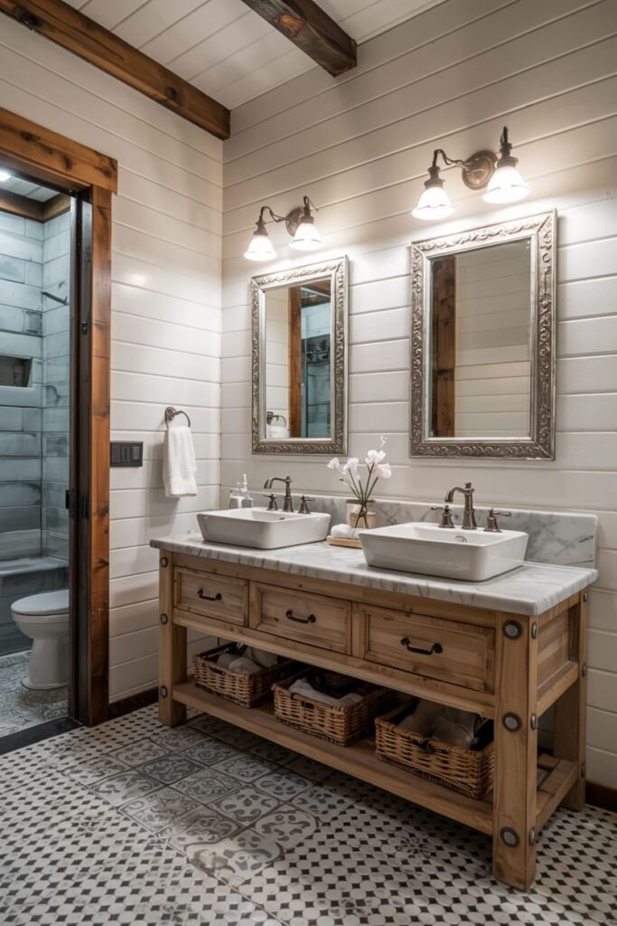 A natural wood double vanity with drawers and open lower shelving, two vessel sinks on a marble countertop, and two framed mirrors with wall sconces, in a bathroom with patterned floor tiles and shiplap walls.