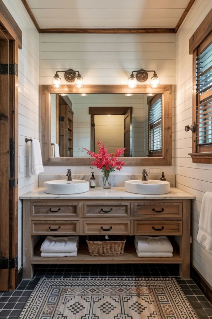 A natural wood double vanity with drawers and open lower shelving, two vessel sinks on a marble countertop, and a framed mirror with wall sconces, in a bathroom with a geometric patterned rug.