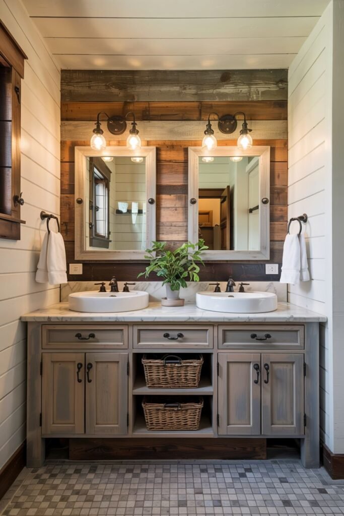 A grey wood double vanity with drawers and open shelving, two vessel sinks on a marble countertop, and two framed mirrors with wall sconces, in a bathroom with shiplap and reclaimed wood walls.