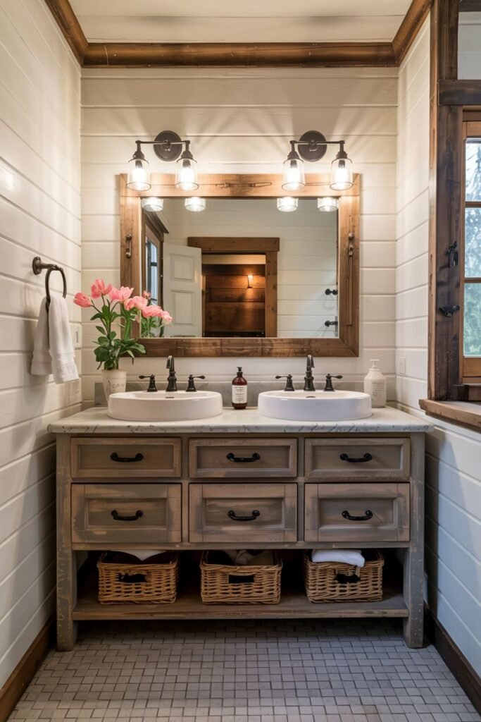 A grey wood double vanity with drawers and open lower shelving, two vessel sinks on a marble countertop, and a framed mirror with wall sconces, in a bathroom with shiplap walls.